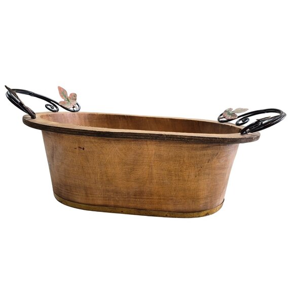 Rustic Hand Painted Bowl Bent Wood Oval Basket with Handles - Picture 3 of 8